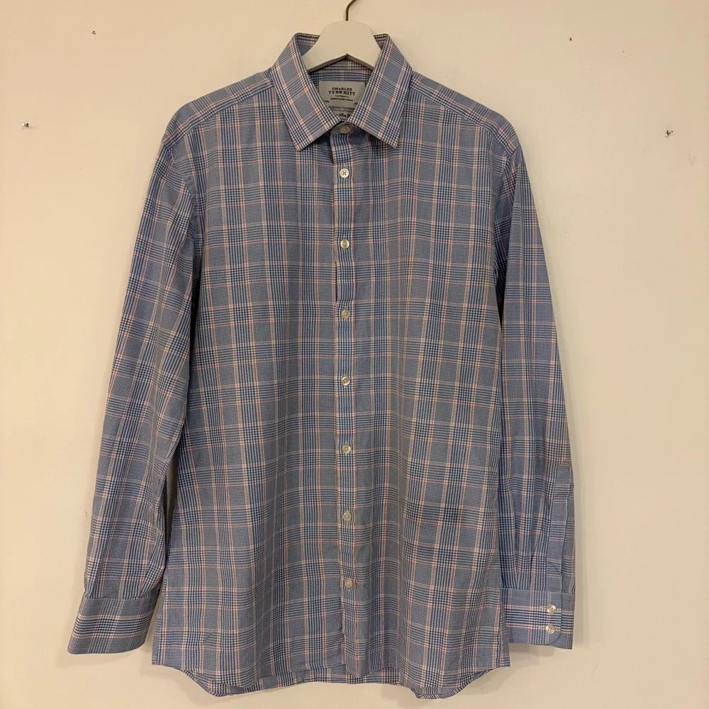 Charles Tyrwhitt Mens 16.5 34 Extra Slim Fit‎ Blue Pink Check Dress Shirt Cotton